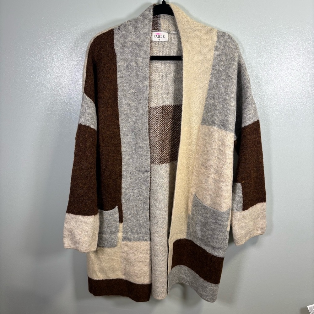 Women's Color Block Duster Sweater‎ - Brown, Gray, Cream Sz M/L NWT